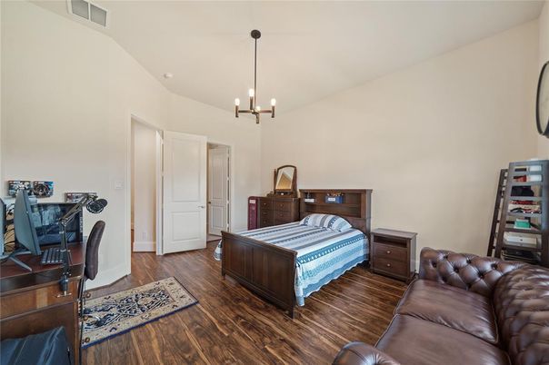 Bedroom, Interior, Pendant Lights, Wood Texture Flooring