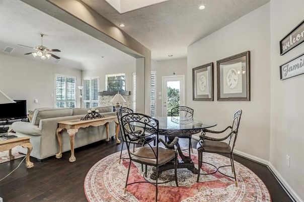 Dining room, Interior, Living room, Recessed Lighting, Wood Texture Flooring