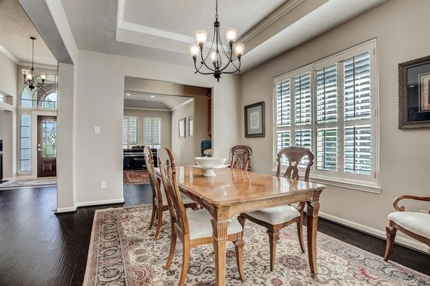 Chandelier, Dining room, Interior, Wood Texture Flooring