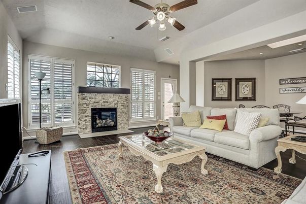 Fireplace, Interior, Living room, Recessed Lighting, Wood Texture Flooring