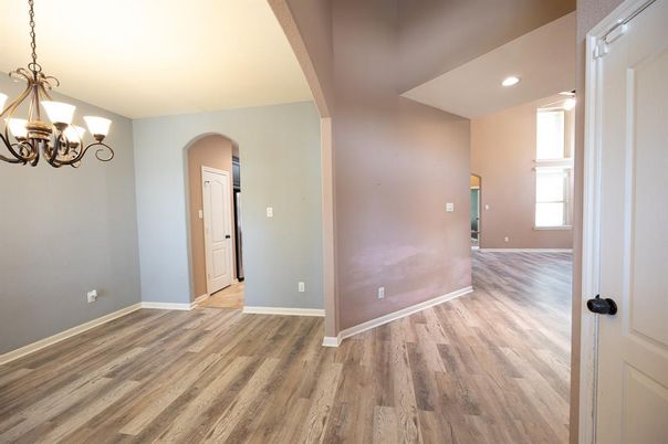 Chandelier, Empty room, Interior, Recessed Lighting, Wood Texture Flooring
