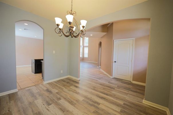 Chandelier, Empty room, Interior, Recessed Lighting, Wood Texture Flooring