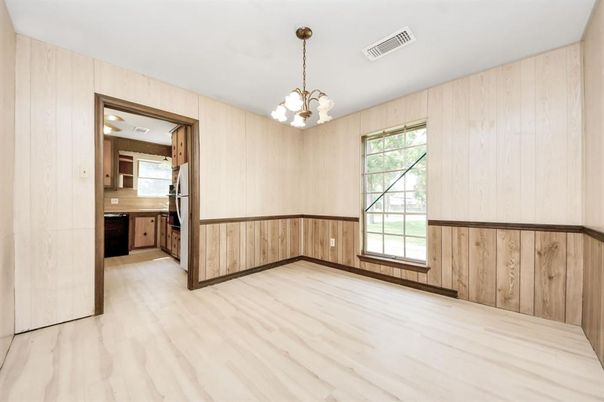 Chandelier, Empty room, Interior, Kitchen, Wood Texture Flooring, Wooden Walls
