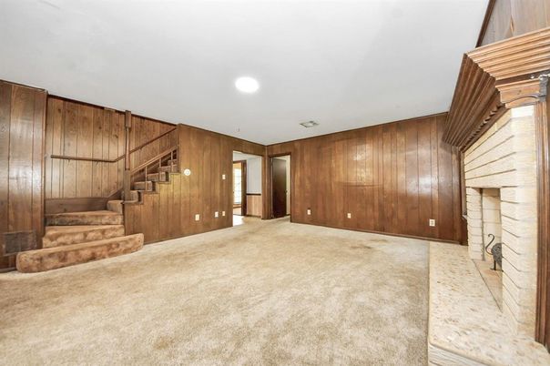 Empty room, Fireplace, Interior, Recessed Lighting, Wooden Walls