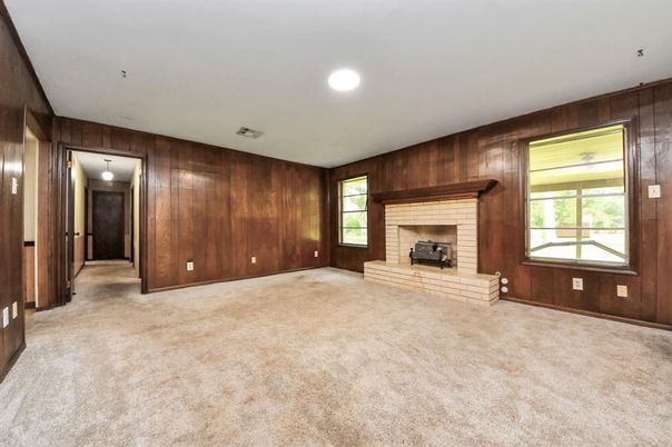 Empty room, Fireplace, Interior, Recessed Lighting, Wooden Walls