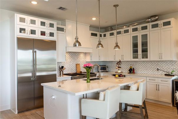 Interior, Kitchen, Pendant Lights, Recessed Lighting, Stainless Steel Appliances, Wood Texture Flooring