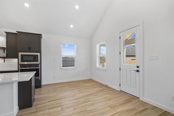 Empty room, Interior, Kitchen, Recessed Lighting, Wood Texture Flooring