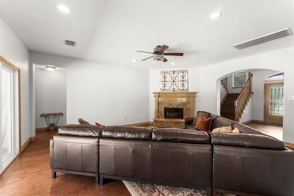 Fireplace, Interior, Living room, Recessed Lighting, Wood Texture Flooring