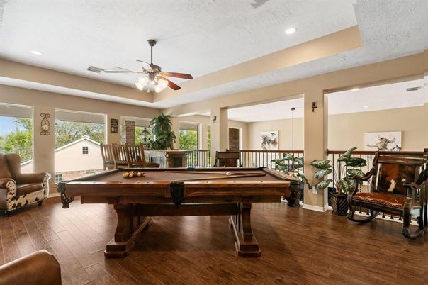 Billiard Table, Game Room, Interior, Recessed Lighting, Wood Texture Flooring