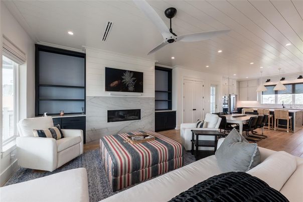 Dining room, Fireplace, Interior, Kitchen, Living room, Pendant Lights, Recessed Lighting, Wood Texture Flooring