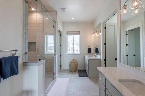 Bathroom, Dual Sink Vanities, Glass Shower, Interior, Recessed Lighting