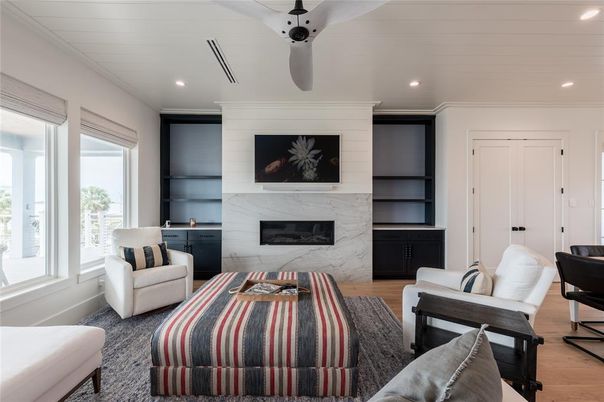 Fireplace, Interior, Living room, Recessed Lighting, Wood Texture Flooring