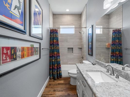 Bathroom, Dual Sink Vanities, Interior, Recessed Lighting, Wood Texture Flooring