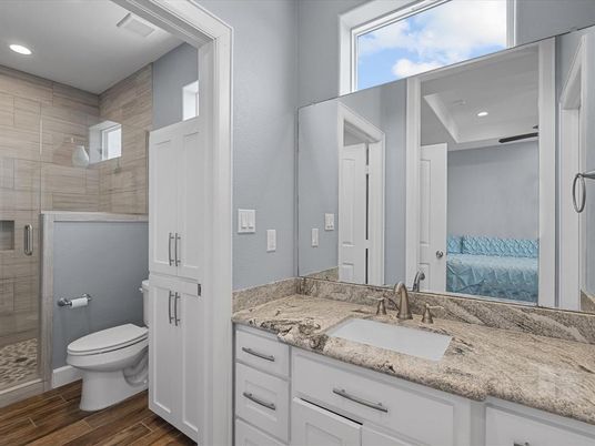 Bathroom, Glass Shower, Interior, Recessed Lighting, Wood Texture Flooring
