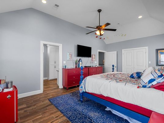 Bedroom, Interior, Recessed Lighting, Wood Texture Flooring