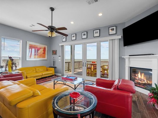 Fireplace, Interior, Living room, Recessed Lighting, Water, Wood Texture Flooring