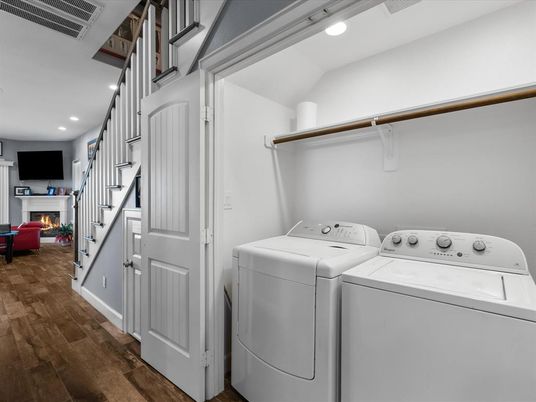 Fireplace, Interior, Recessed Lighting, Utility Closets, Washer, Wood Texture Flooring
