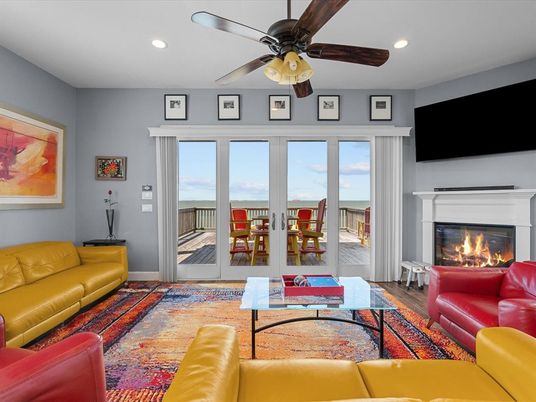 Fireplace, Interior, Living room, Recessed Lighting, Water, Wood Texture Flooring