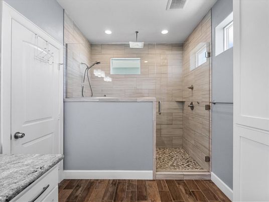 Bathroom, Glass Shower, Interior, Recessed Lighting, Wood Texture Flooring