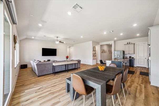 Dining room, Interior, Kitchen, Living room, Recessed Lighting, Wood Texture Flooring