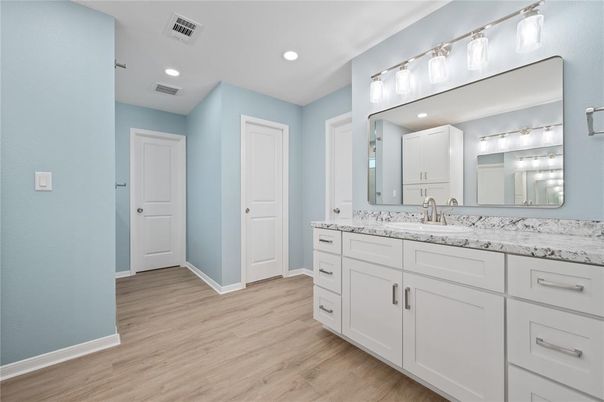 Bathroom, Dual Sink Vanities, Interior, Recessed Lighting, Wood Texture Flooring