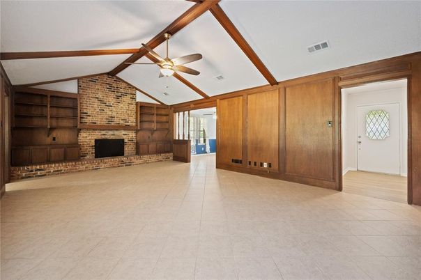 Empty room, Fireplace, Interior, Stone Walls, Wooden Beams, Wooden Walls