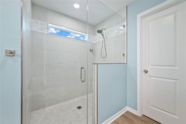 Bathroom, Glass Shower, Interior, Recessed Lighting, Wood Texture Flooring