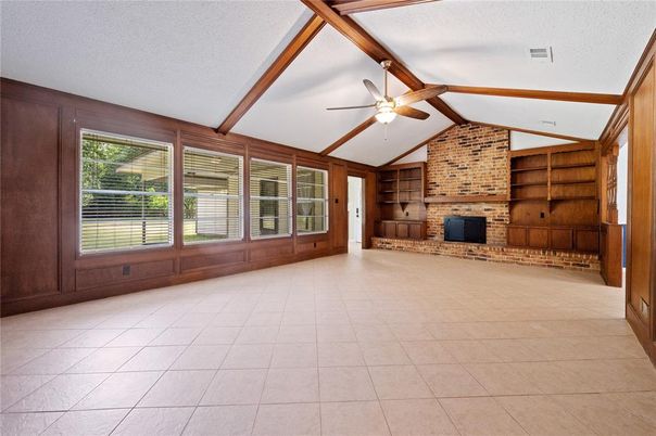 Empty room, Fireplace, Interior, Stone Walls, Wooden Beams, Wooden Walls