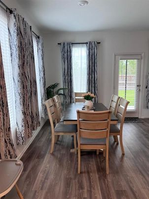 Dining room, Interior, Recessed Lighting, Wood Texture Flooring