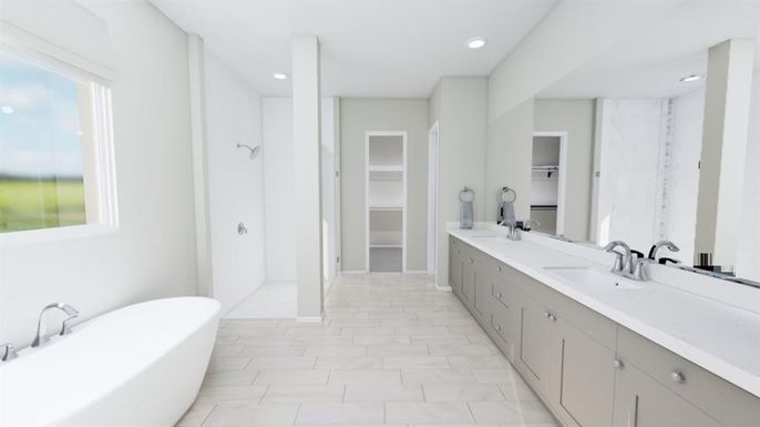 Bathroom, Dual Sink Vanities, Free Standing Baths, Interior, Recessed Lighting