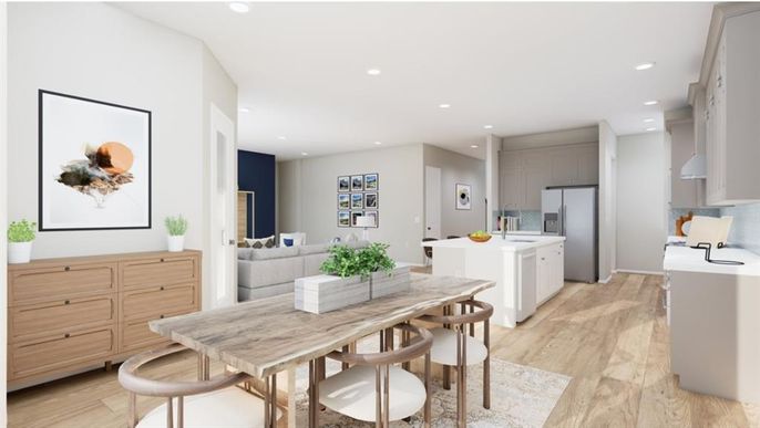 Dining room, Interior, Kitchen, Living room, Recessed Lighting, Wood Texture Flooring