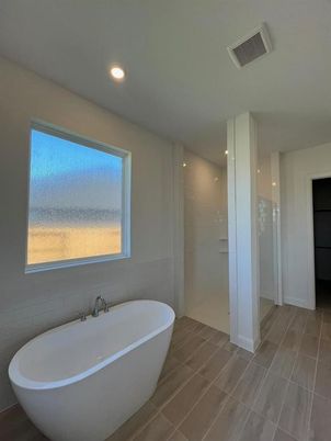 Bathroom, Free Standing Baths, Glass Shower, Interior, Recessed Lighting