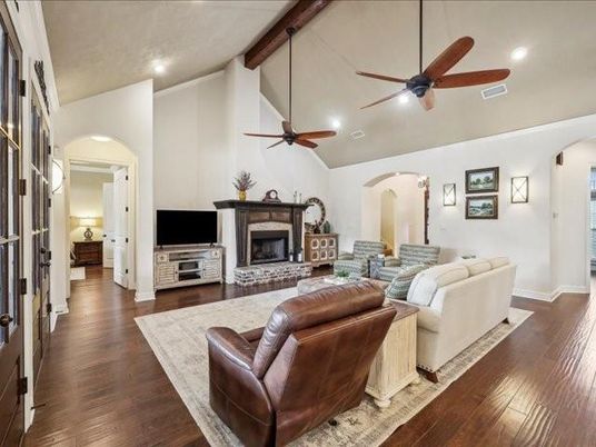 Fireplace, Interior, Living room, Recessed Lighting, Wooden Beams, Wood Texture Flooring