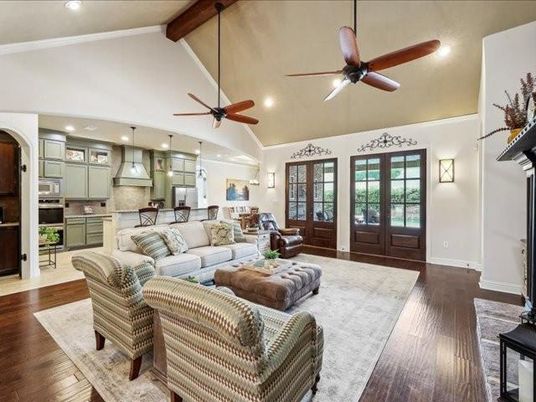 Interior, Kitchen, Living room, Pendant Lights, Recessed Lighting, Stainless Steel Appliances, Wooden Beams, Wood Texture Flooring
