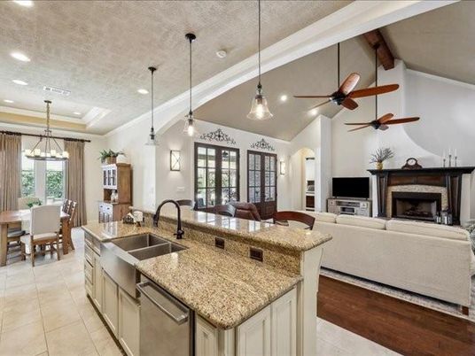 Chandelier, Dining room, Fireplace, Interior, Kitchen, Living room, Pendant Lights, Recessed Lighting