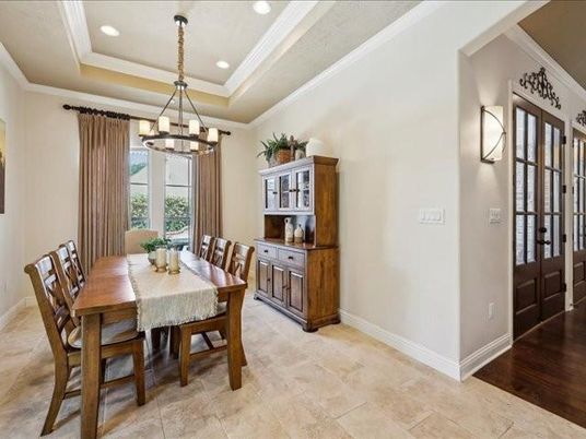Chandelier, Dining room, Interior, Recessed Lighting, Wood Texture Flooring