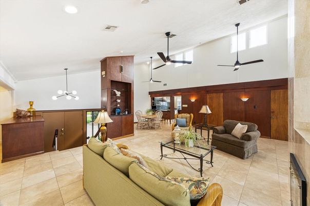 Dining room, Fireplace, Interior, Living room, Pendant Lights, Recessed Lighting, Wooden Walls