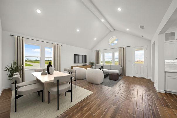 Dining room, Interior, Living room, Recessed Lighting, Wood Texture Flooring