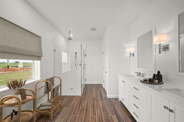 Bathroom, Dual Sink Vanities, Glass Shower, Interior, Wood Texture Flooring