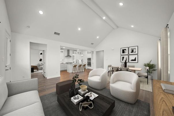Dining room, Interior, Kitchen, Living room, Recessed Lighting, Wood Texture Flooring
