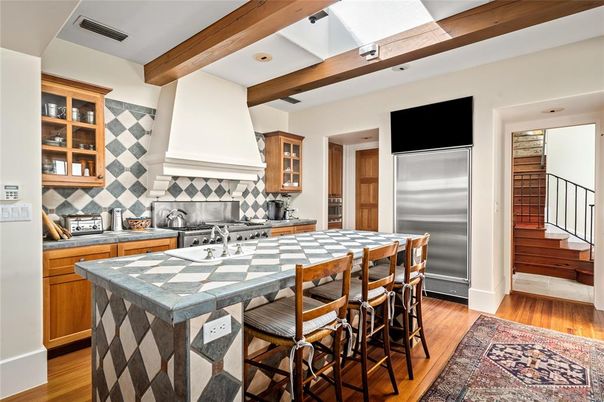 Interior, Kitchen, Recessed Lighting, Stainless Steel Appliances, Tile Countertops, Wooden Beams, Wood Texture Flooring