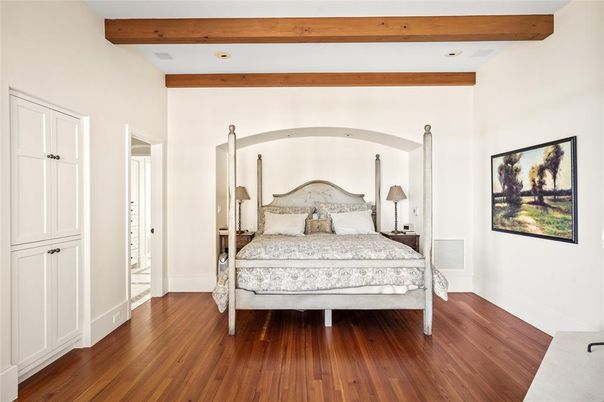 Bedroom, Interior, Recessed Lighting, Wooden Beams, Wood Texture Flooring
