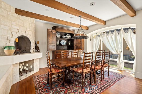 Dining room, Fireplace, Interior, Pendant Lights, Recessed Lighting, Stone Walls, Wooden Beams, Wood Texture Flooring