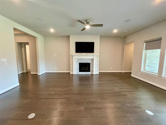 Empty room, Fireplace, Interior, Recessed Lighting, Wood Texture Flooring