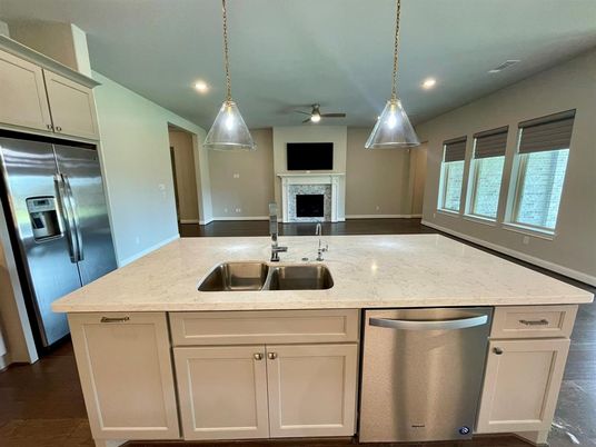 Fireplace, Interior, Kitchen, Pendant Lights, Recessed Lighting, Stainless Steel Appliances, Wood Texture Flooring