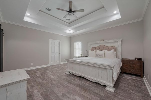 Bedroom, Interior, Recessed Lighting, Wood Texture Flooring