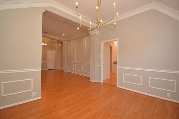 Empty room, Interior, Pendant Lights, Recessed Lighting, Wood Texture Flooring