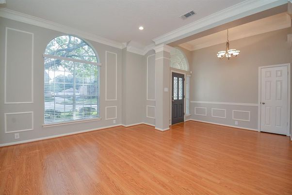 Empty room, Interior, Pendant Lights, Recessed Lighting, Wood Texture Flooring