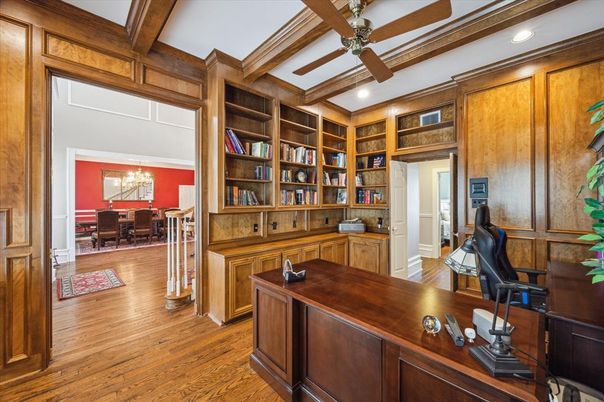 Chandelier, Home Office, Interior, Recessed Lighting, Wooden Beams, Wood Texture Flooring