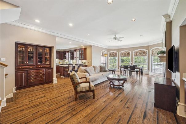 Dining room, Interior, Kitchen, Living room, Recessed Lighting, Wood Texture Flooring